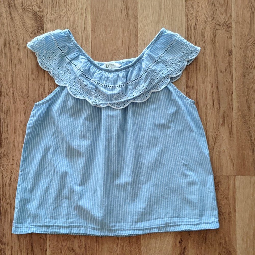 HM Girl 8 Blue Stripe Sleeveless Eyelet Lace Collar Top Blouse